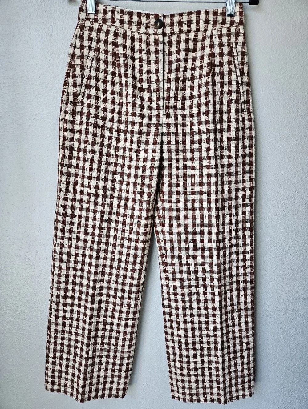 Sezane Martin Gringham Crop Tailored Trouser Size 36 Small 4 In Brown Ecru